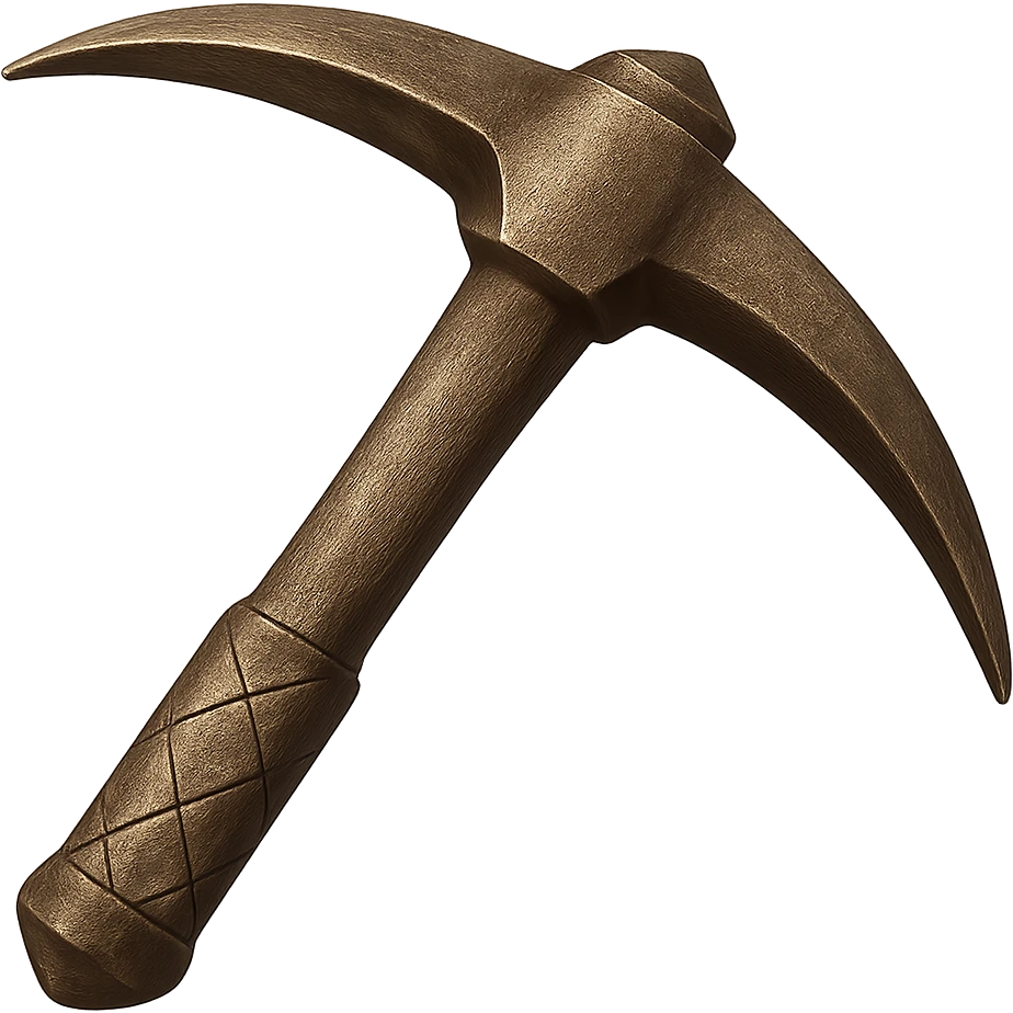 Change the color and texture to realistic bronze metal, making the pickaxe metallic, shiny, and worn. Keep the pickaxe's shape. The style should resemble emoji style with a transparent background. emoji