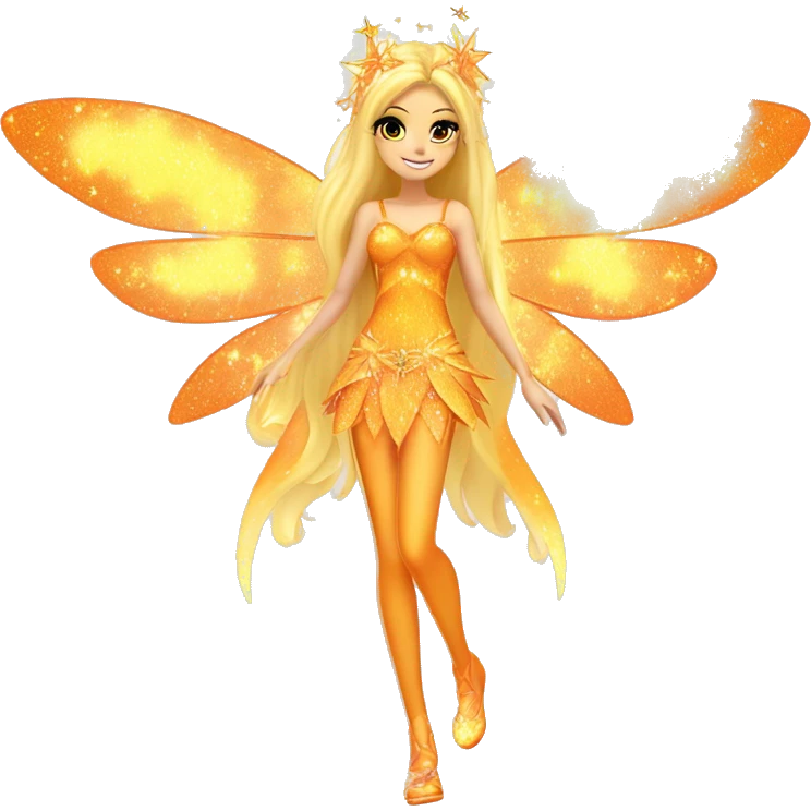 Stella adult fairy of the sun and the moon in her enchantix fairy orange two-piece clothing and fairy enchantix wings and long blonde hair from winx club. Lots of sparkles and fairydust. Full body pic and full fairy bliss emoji