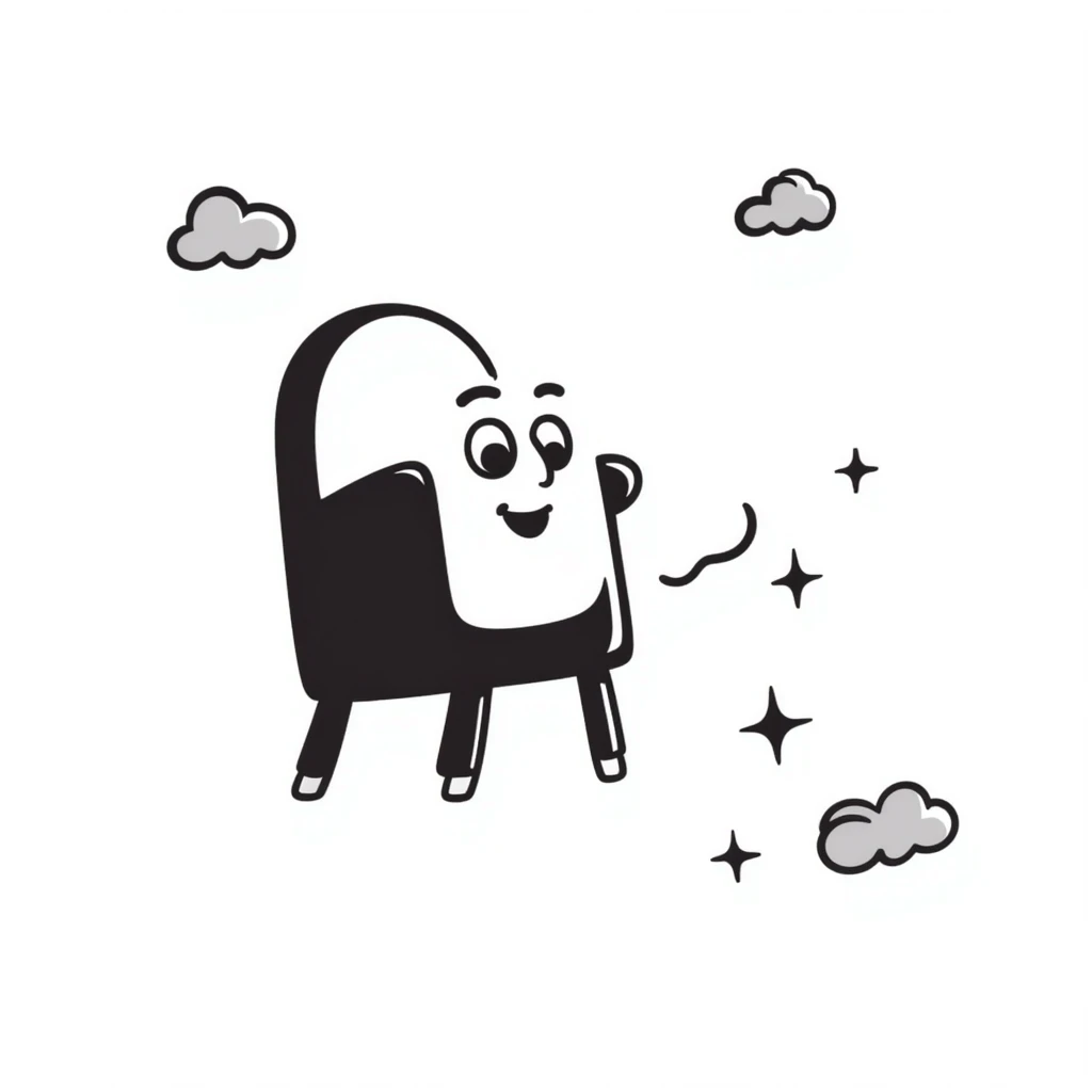 Hand-drawn flying chair with googly eyes and a happy expression, soaring through the sky emoji
