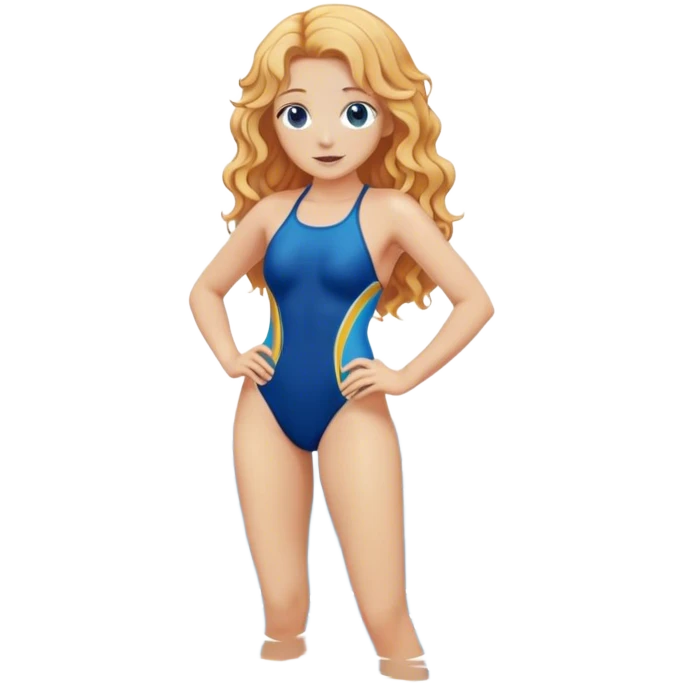 hot woman in blue swimming suit blond skin copper long semi  curly  hair full body  emoji