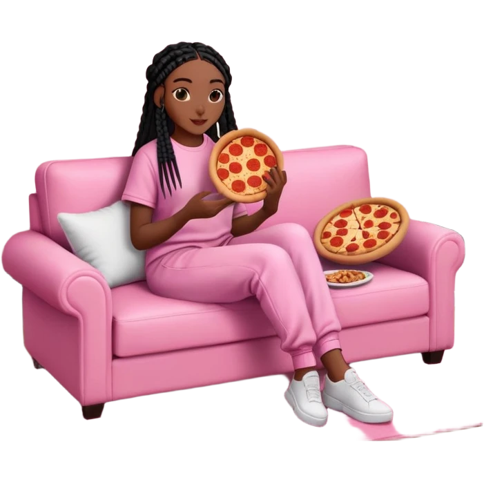 A dark-brown-skinned Black woman with black box braids, sitting on a pink couch, holding an open pizza box.She’s wearing comfy loungewear, looking relaxed and enjoying her food. emoji