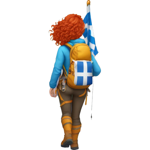 Female winter mountain climber red wavy hair climbing with Greek flag on backpack and holding Easter eggs basket emoji