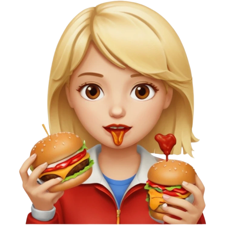 A blonde girl eating a burger emoji