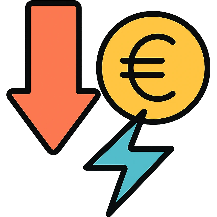 icon representing energy cost reduction with a downward arrow and euro symbol, modern style emoji