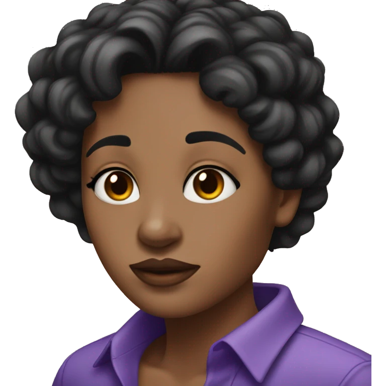 women with fare skin black freckles across face,black hair black eyes and purple shirt emoji