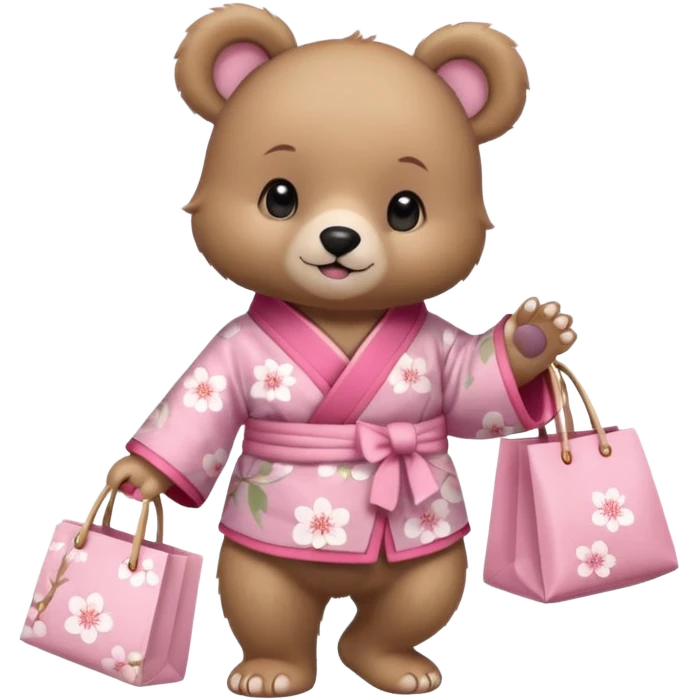 A cute baby bear character in pastel style, standing upright like a human. 
Light brown soft fur, large round ears, rounded paws and feet. 
Wearing a pink kimono with soft cherry blossom patterns on the sleeves and bottom, Holding a cute pastel shopping bag with one paw, walking pose. emoji