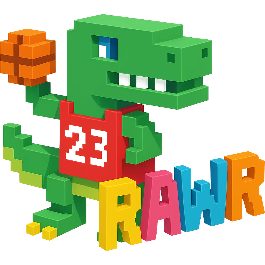 надпись "RAWR" и динозавр с баскетбольном мячом в майке с надписью "23", no background  emoji