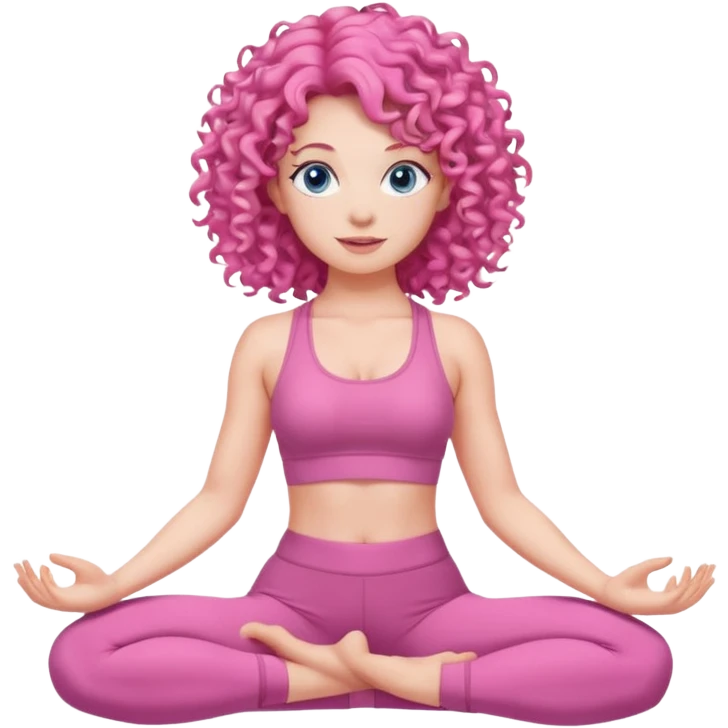 Woman with pink curly hair blue eyes in a pink yoga outfit doing yoga emoji