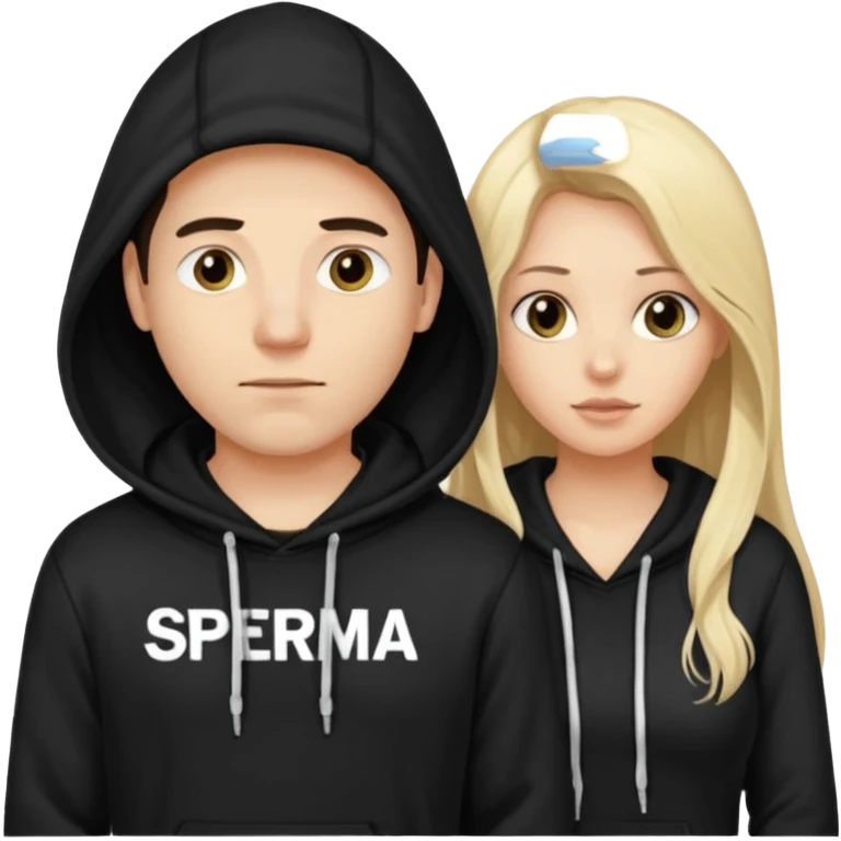 chce by to byla taka emotka 🙍‍♂️
chlopaka z czarnymi losami i czarna bluza z biaty.m
napisem "sperma" na srdoku i zeby za nim stala taka ladna blondynka z dlugaimi wlosami i ona  ciagnaca za sznurek od
kaptura od bluzy tej pierwszej osobyl emoji