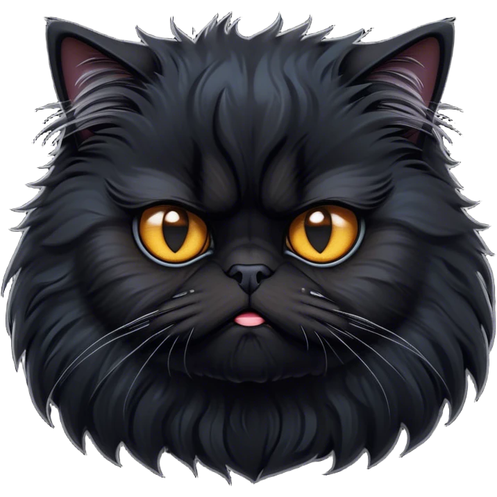 Cinematic Grumpy Frazzled Black Persian Cat Portrait Emoji, Head tilted with an exaggeratedly grumpy expression, fluffy black fur with hints of silver and deep undertones, Simplified yet hilariously frazzled features with large, expressive eyes, highly detailed, glowing with a warm but irritated glow, high shine, a mix of annoyed and disheveled, stylized with a touch of humor, bright but with a completely frazzled and grumpy face, soft glowing outline, capturing the essence of a quirky yet grumpy kitty, so endearing it feels like it could leap out of the screen and demand attention with its wonderfully grumpy, frazzled charm! emoji