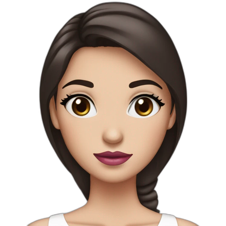 Women with long dark brown hair and long eyelashes blue eyes with pink lips and thick dark brown eyebrows wearing a white dress emoji