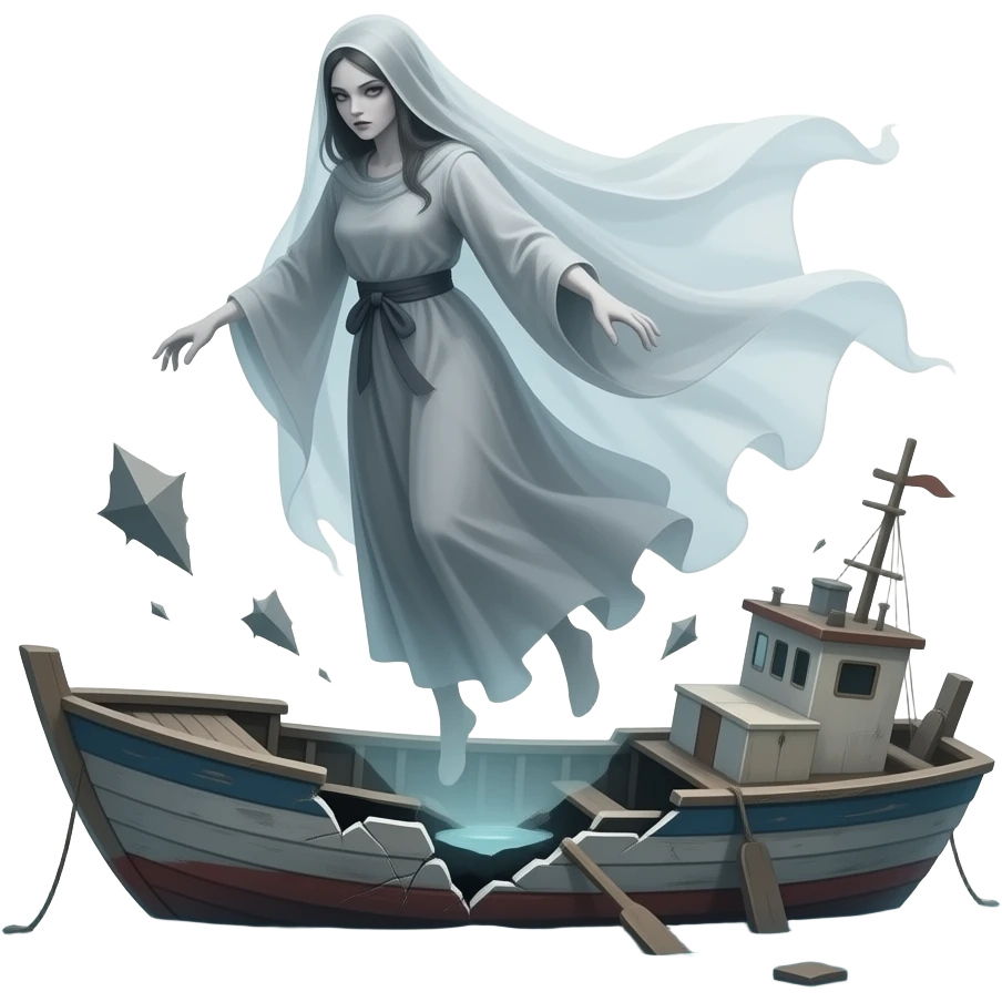 cinematic  - a broken boat with a terrifying female apparition around which a transparent veil flutters hovers emoji