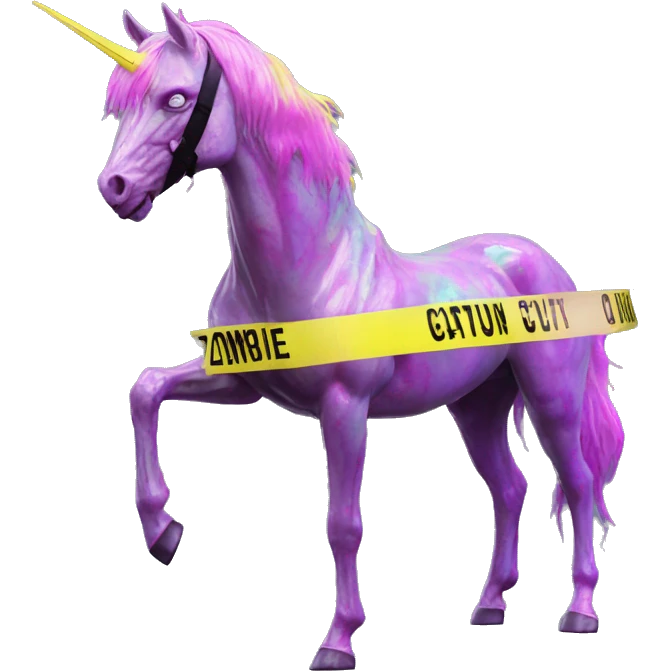.Zombie_ Vaporwave black holographic oilslick zombie unicorn yellow caution tape and a vinyl emoji