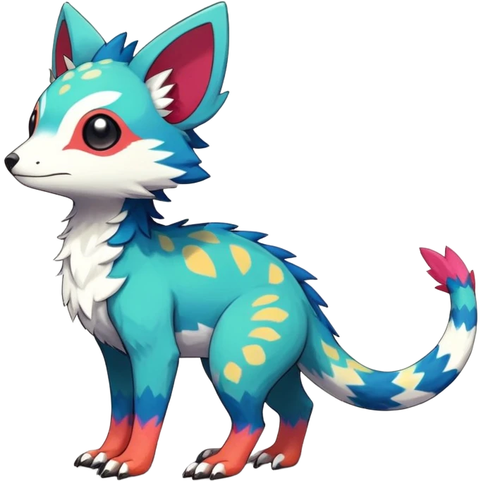 Rare realistic exotic edgy epic cute pretty beautiful handsome gorgeous aesthetic colorful vibrant Vernid-Trico-species-Fakemon-creature by LiLaiRa, 4 legs, 1 tail, random markings, (full body) emoji