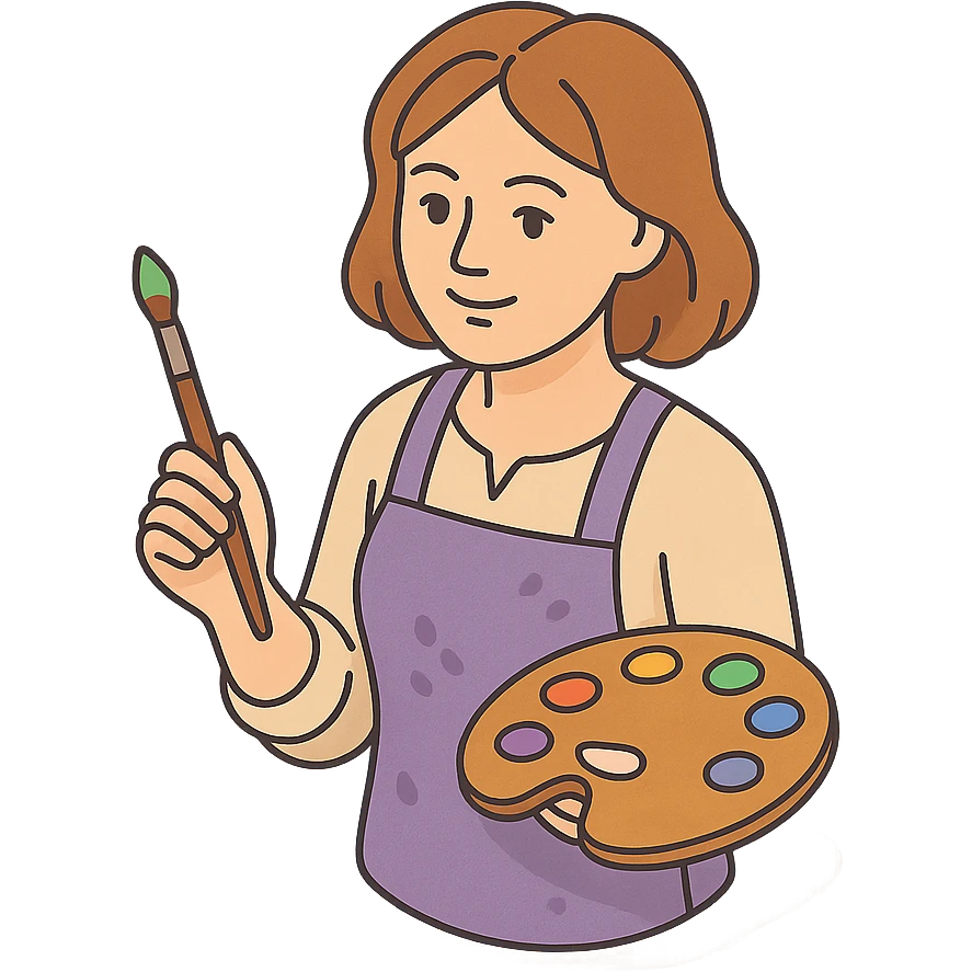 Serene female oil painter, Caucasian features, shoulder-length auburn hair, soft brown eyes, gentle smile, wearing a violet painter’s apron lightly stained with paint over a beige blouse, holding a wooden palette with vibrant colors in one hand and a brush in the other, waist-up, front-facing emoji