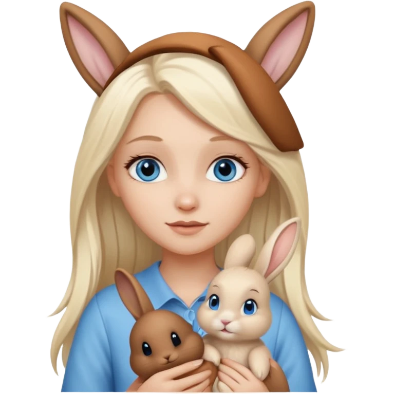 Pale white girl with long platinum blonde hair and blue eyes, holding long ear brown bunny emoji