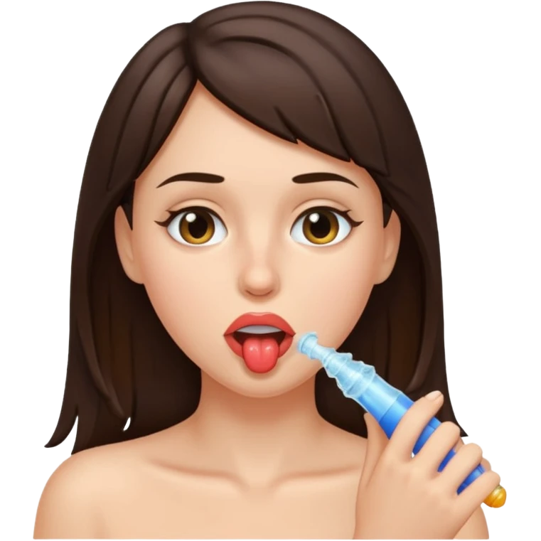 A brunette woman sucking a penis emoji