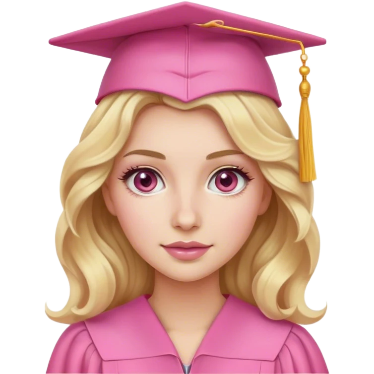 Blonde with wavy hair, a pink graduation cap, white skin and hazel eyes with pink makeup  emoji