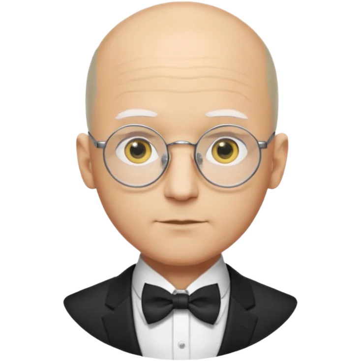 Yellow-skinned animated man. Bald on top with thin gray hair at the sides. Large round white eyes with black pupils. Wears round glasses. Pointed nose. Visible suit lapels, white shirt collar, and bow tie at the neck. emoji