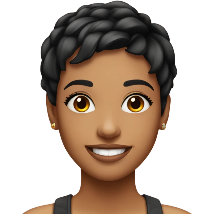 young pretty woman short pixie cut smiling, black hair emoji