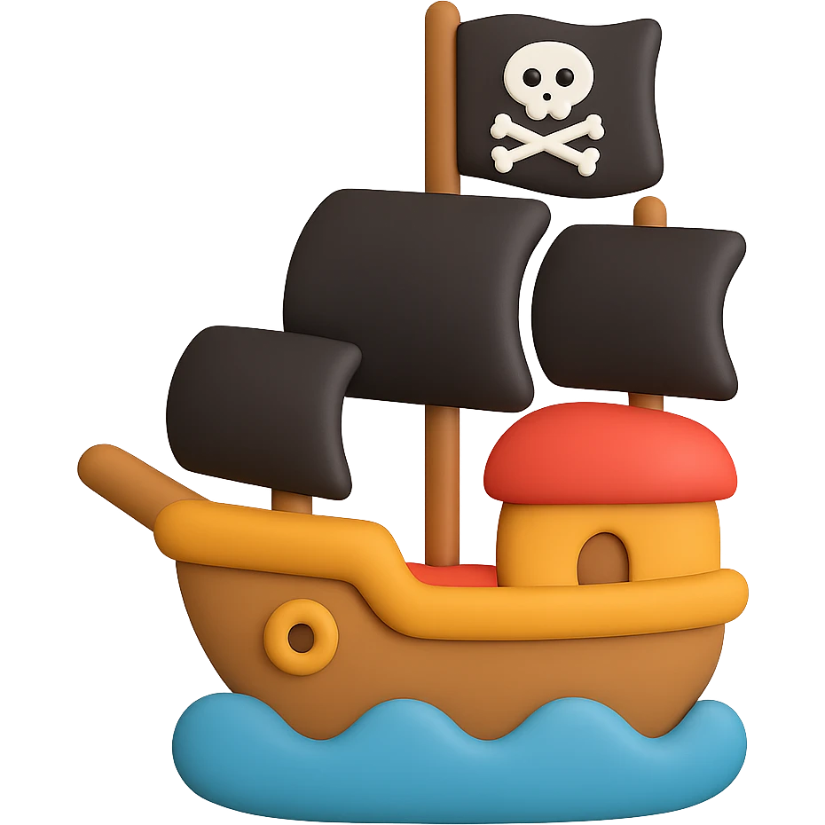 A cute pirate ship with black sails and a jolly roger flag emoji