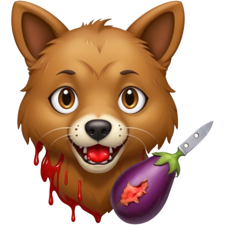 wild-eyed dog clutching knife dripping with blood with eggplant in mouth emoji