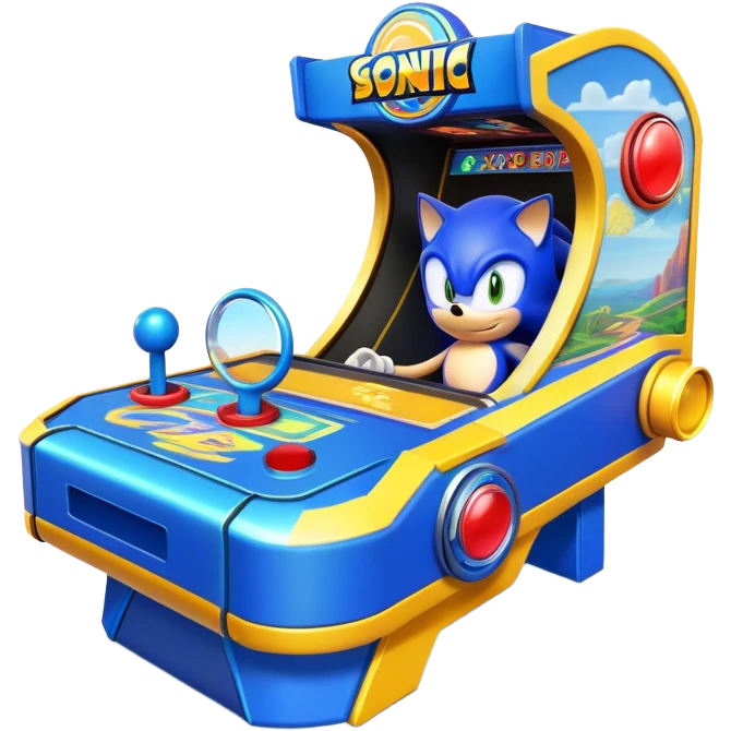 An icon representing an arcade game interface, inspired by Sonic. The design features colorful platforms, loops, and rings, with Sonic racing through a vibrant landscape. The iconic HUD elements, like score and timer, are visible. A transparent background. emoji