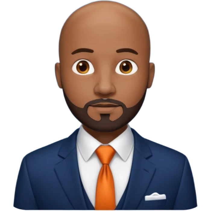 headshot of a sophisticated, stylish, bald head Caribbean black man with a beard and goatee in a navy blue suite, white shirt and dark orange tie emoji