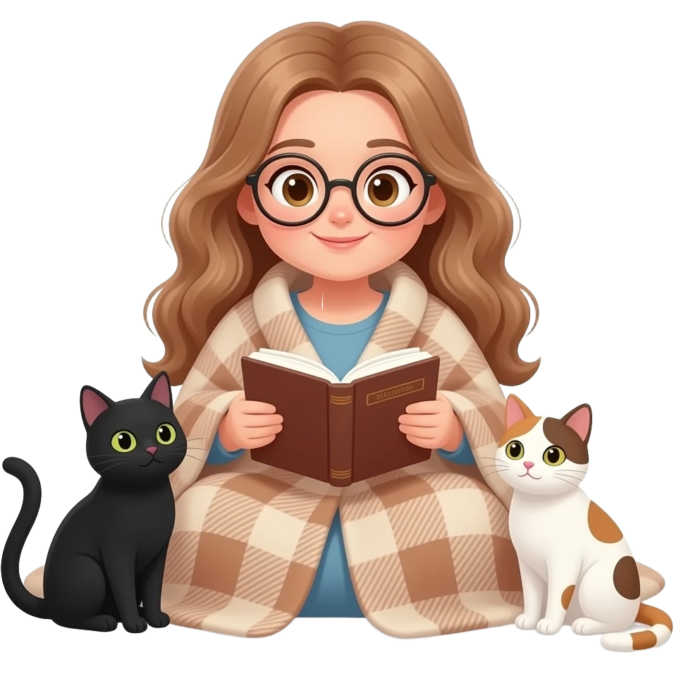 detailed emoji illustration of a curvy woman with long light brown wavy hair, light brown eyes and round glasses wrapped in a plaid blanket reading a book, with two cats beside her (one black cat and one white cat with brown spots), cozy atmosphere, cute emoji style emoji