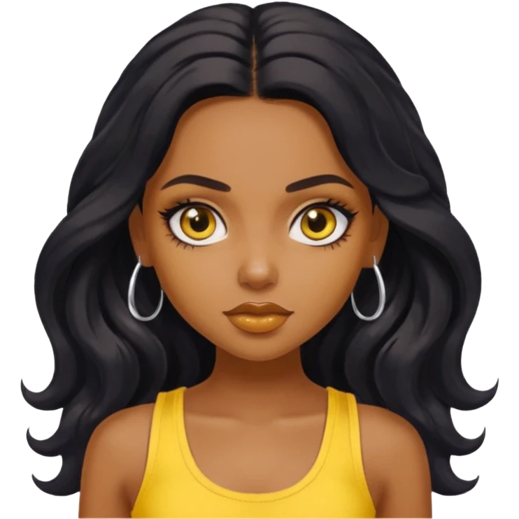a pretty bratz dusky girl with long wavy black hair, kajal under eyes, yellow tank top emoji