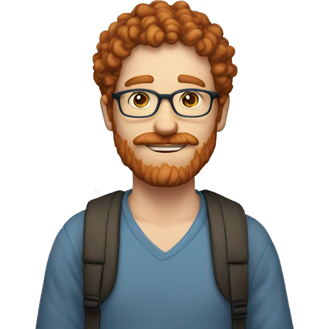 35 years old, male, short curly red hair, glasses, blue eyes, pale complexion, beard and mustache emoji