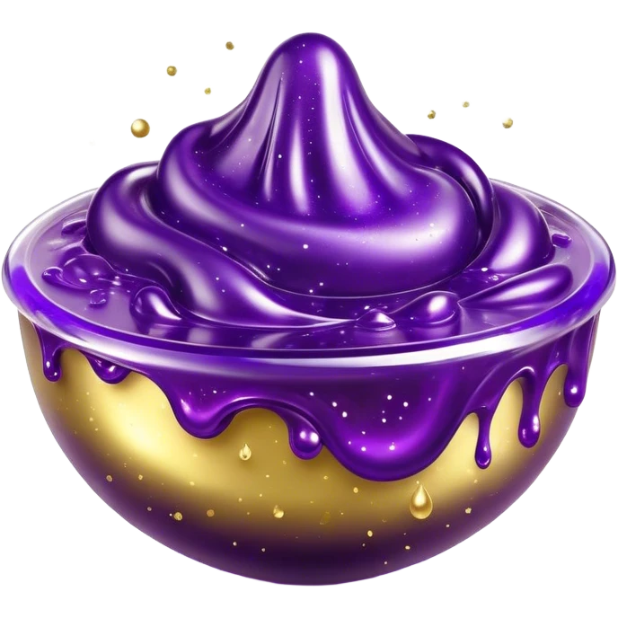 Cinematic Realistic Shiny Slime Mixed with Glitter, thick and glossy with swirling metallic flecks suspended inside, a dynamic mix of deep purple and golden sparkles, light catching every shimmer, flowing smoothly with realistic folds and ripples, glowing with an enchanting, almost liquid-metal effect. emoji