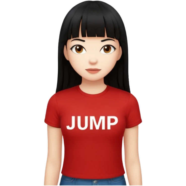 Lisa con una camiseta que ponga JUMP de manga corta las letras blancas y el fondo rojo pelo largo con flequillo negro y liso emoji