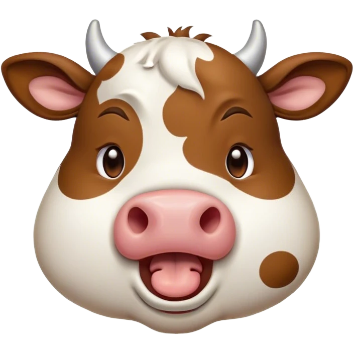 Cinematic Cute Yawning Brown and White Cow Portrait Emoji, Head tilted slightly with a dramatic, wide-open yawn, showcasing a smooth, patterned hide of brown and white, floppy ears slightly drooping, round brown eyes barely open in drowsy contentment, Simplified yet irresistibly adorable features, highly detailed, glowing with a soft, cozy glow, high shine, relaxed yet expressive, stylized with a touch of pastoral whimsy, bright and endearing, soft glowing outline, capturing the essence of a sleepy yet affectionate cow, so drowsy it feels like it could amble out of the screen and curl up for a nap! emoji