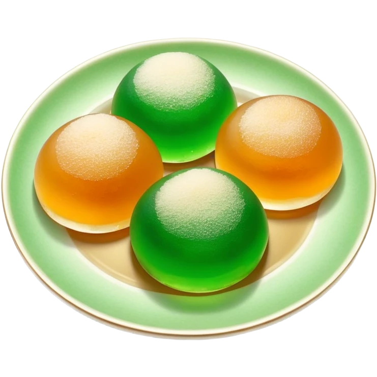 four green spherical warabi mochi on the plate emoji