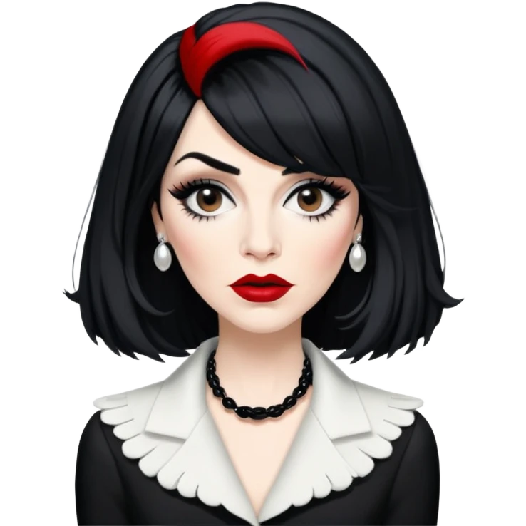 Moira Rose from Schitt's Creek with dramatic black and white outfit, bold red lips, distinctive black wig, and exaggerated expression emoji