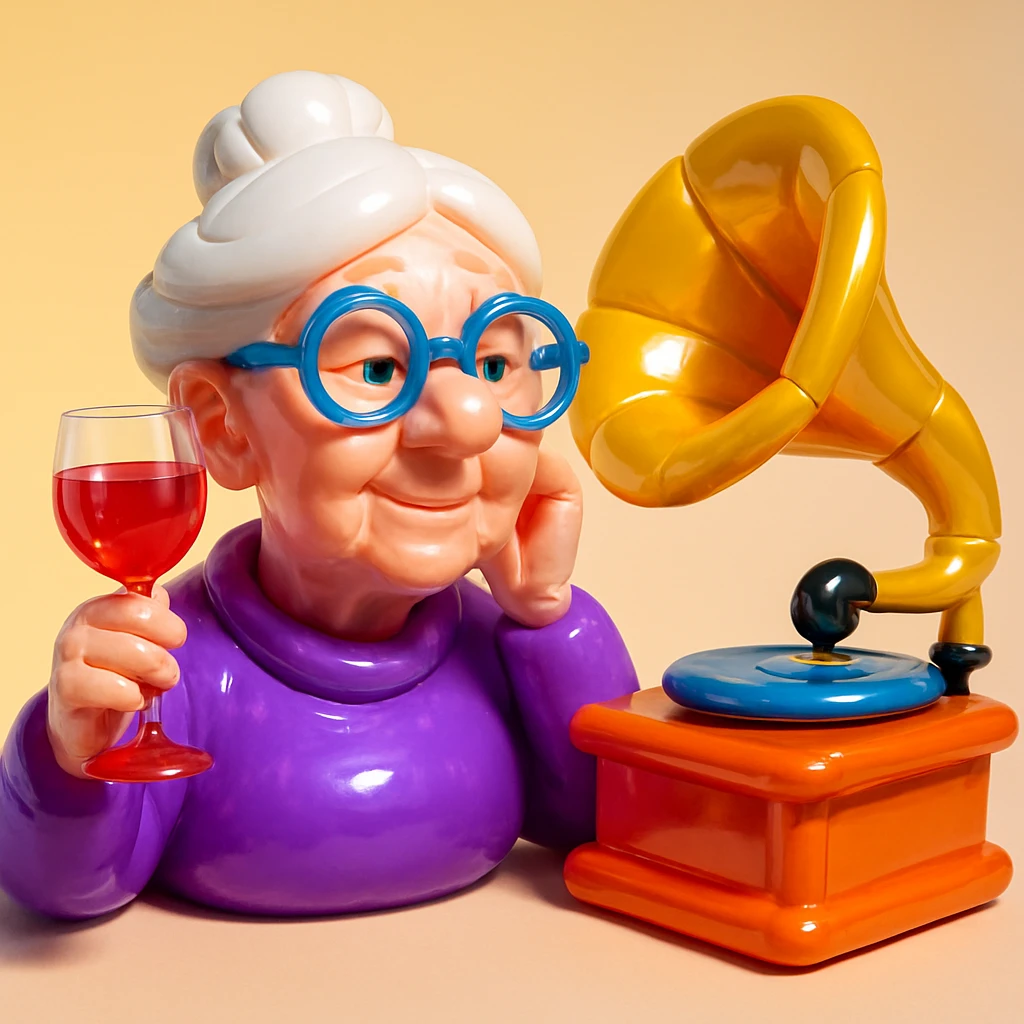 old lady with wineglass listening to gramophone emoji