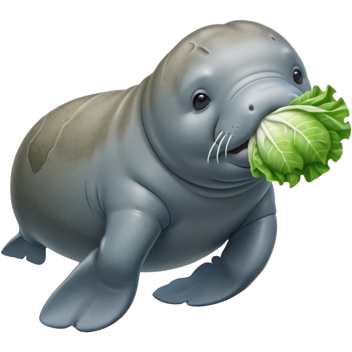 Cinematic realistic full body side view of a manatee holding a head of iceberg lettuce in his front flippers  emoji