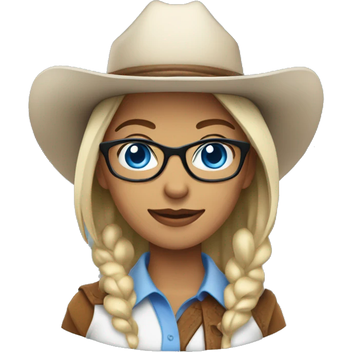 Whit woman with blue eyes, glasses, cowboy hat and bolo emoji