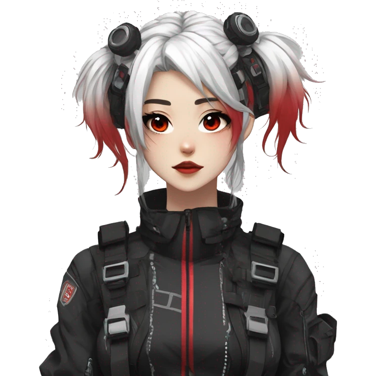 Gorgeous techwear anime style lady with blushing face aesthetic and pretty edgy black red white punk messy hair with collar and harness trending style emoji