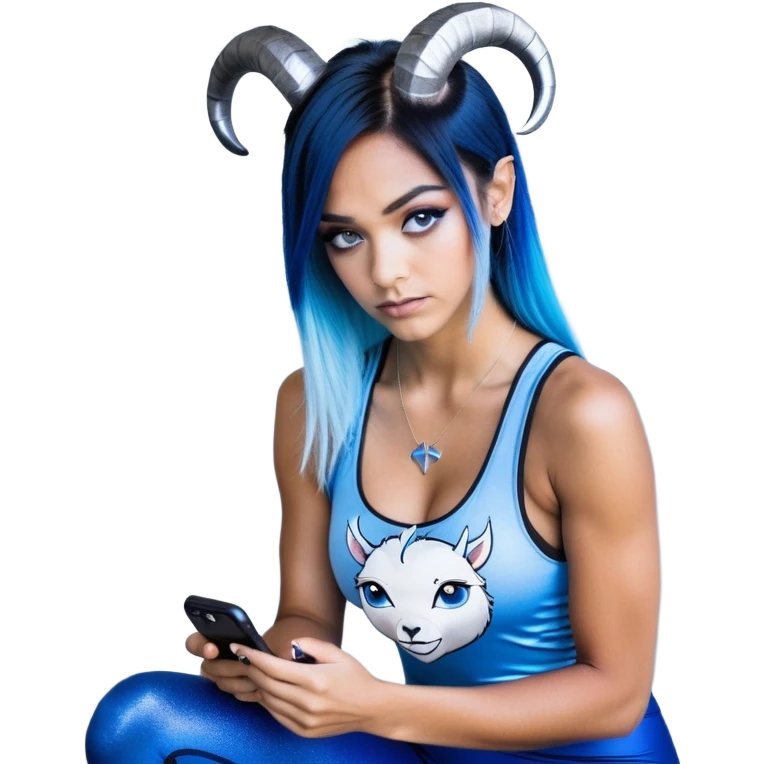 Disapponted-big tears-head back texting on phone-very very large upper body-sexy face-bending forward at waist-very long very straight dark blue to light blue ombre hair-and-blue eyes-thick black eyeliner-cute goat horns-iridescent blue lowcut tanktop with black leggings with glitter superman logo emoji
