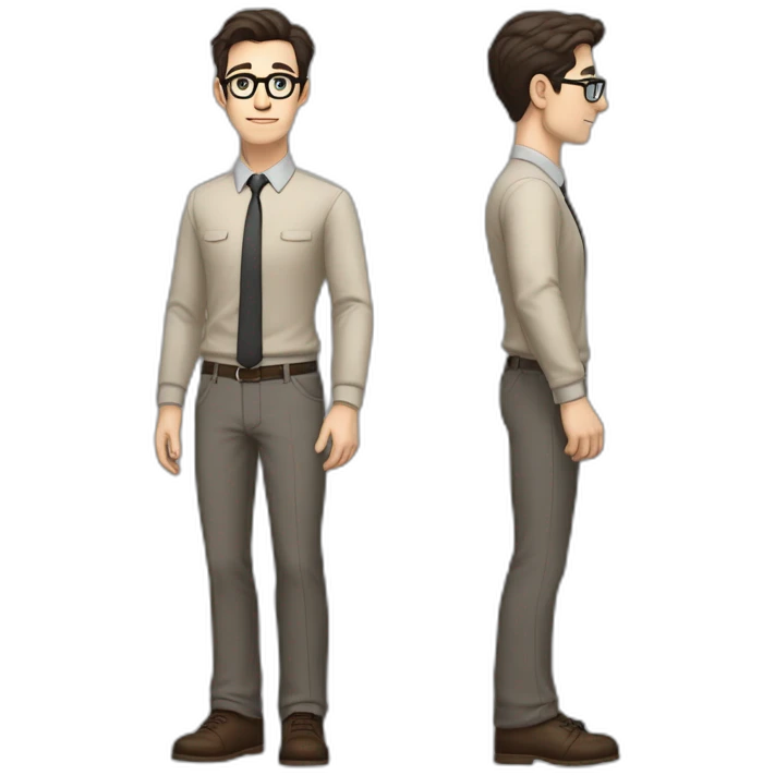 Full height Pale skinned Fit Man With dark brown hair in gray jacket, beige office shirt, tie, Brown pants and vintage glasses. Thrumbs of his palms directed up emoji