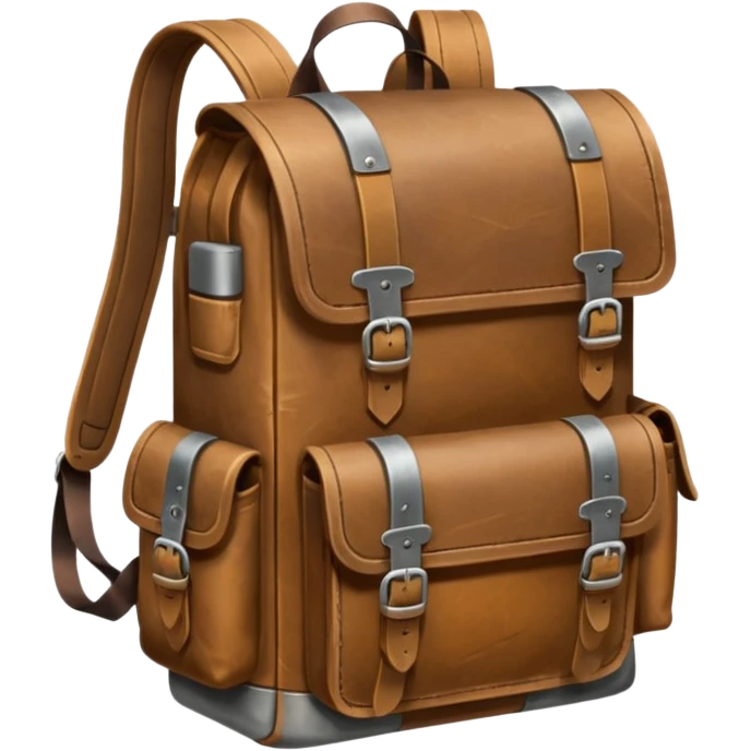 A sturdy, weathered leather backpack with metal-reinforced flaps and deep, practical pockets. Scratched and rugged from long travel, it has a solid, utilitarian look—built for harsh roads and hard use. emoji