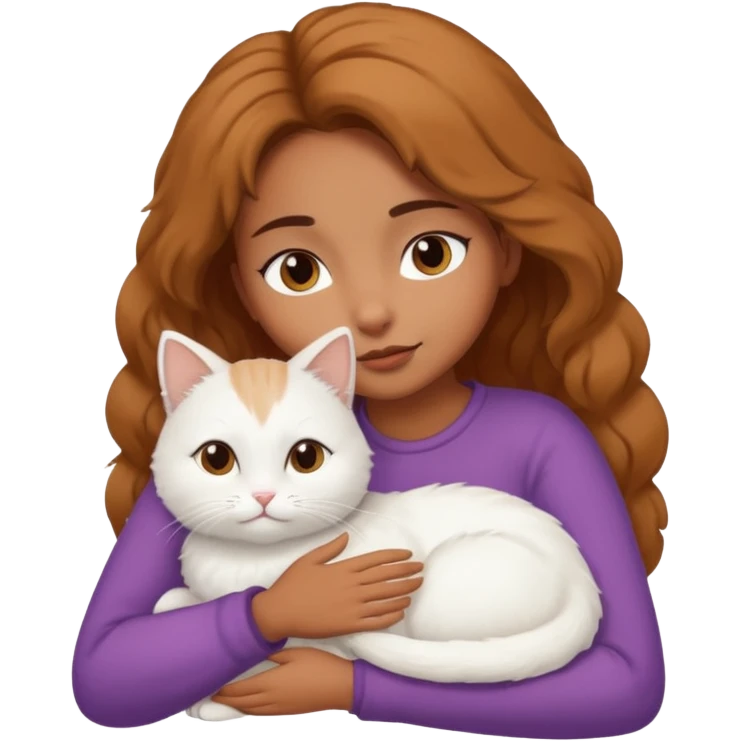 brown girl snuggling fluffy white cat emoji
