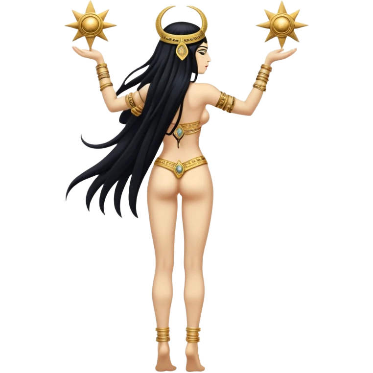 fullbody back view of Anunnaki goddess Inanna with long flowing black hair, Mesopotamian star symbols, exposed nude back, and gold bracelets on wrists and ankles emoji