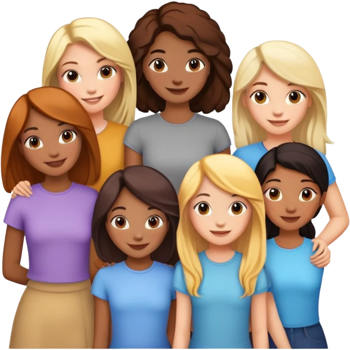 six diverse girl friends, different hair and skin tones as described, smiling and standing together emoji