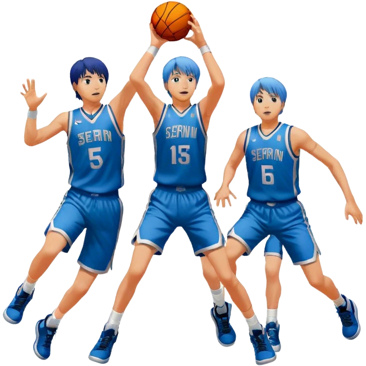 Icon for Kuroko no Basuke: Kuroko Tetsuya with his basketball, surrounded by the Seirin High team and vibrant action scenes on the court. The design should capture the intensity and athleticism of the anime with dynamic poses and energy. Transparent background. emoji