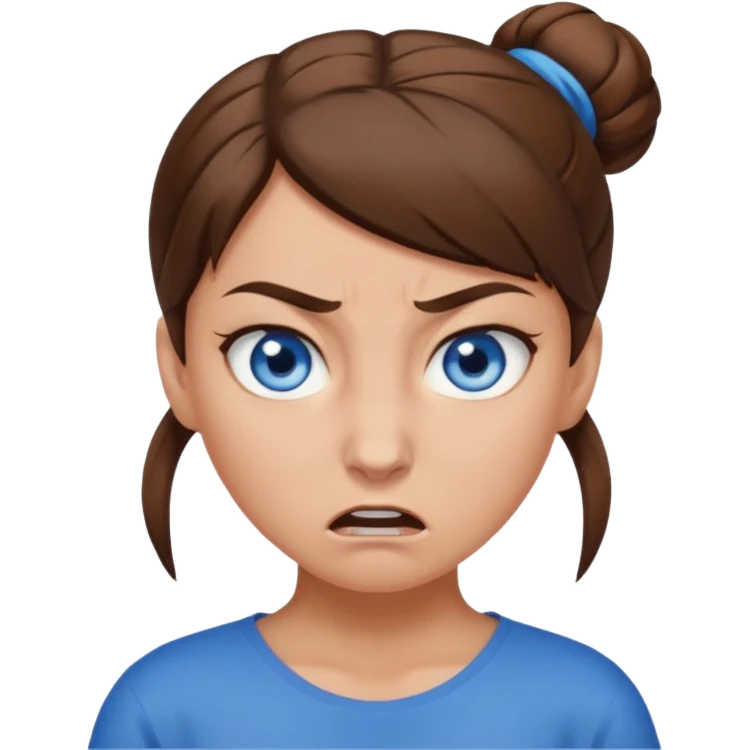 Girl with blue eyes, brown hair in a brown bun, no bangs, angry emoji