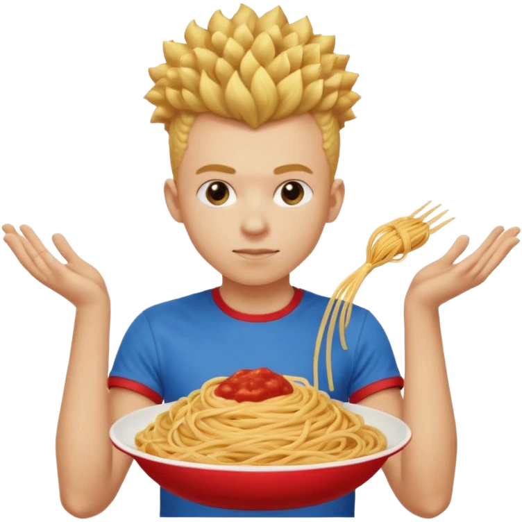 una persona de 18 años marron clarito con el pelo amrillo rizado con una camiseta roja y azul con un logo circular dorado y levantando unos spagethis y que tenga el pelo para abajo con boicano emoji