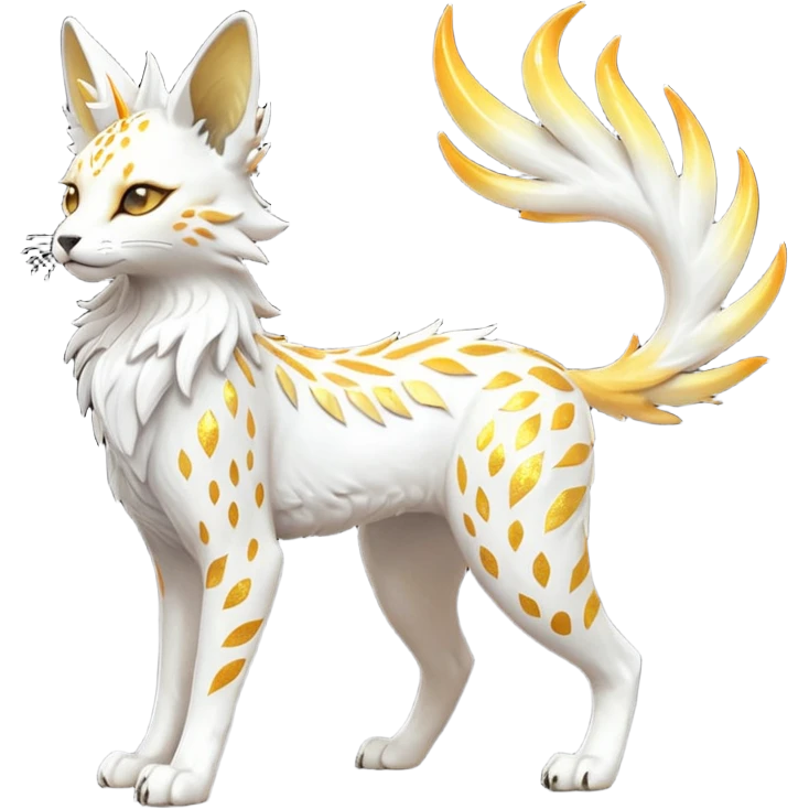 Epic complex fantasy glorious detailed futuristic divine godly angelic feathery sunny, white, albino, pastel, golden, orange glowing sparkly, realistic Fakémon-Trico-Sergal-Serval-Solgaleo-Vernid-creature (full body) solarpunk, shiny sparkly with a gold laurel emoji
